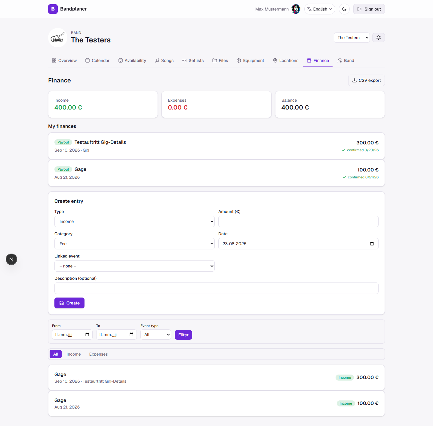 Bandplaner finance overview with income, expenses and per-member shares